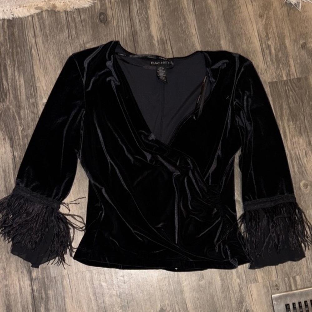 Cache woman’s 90s velvet  vintage wrap feather top - woman’s large